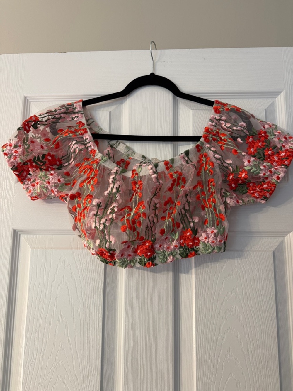 Floral Embroidered Pink Crop Top with Red Accents